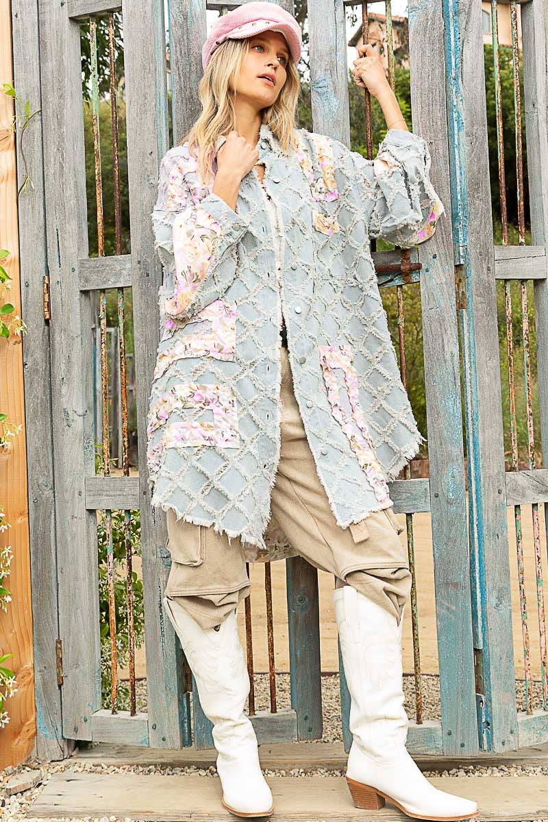 Contrast floral print frayed texture button down shacket