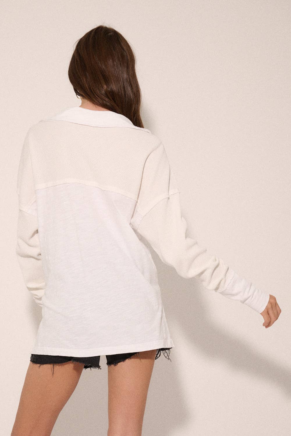 Mixed Media Slub Knit Collared Scoop Neck Top