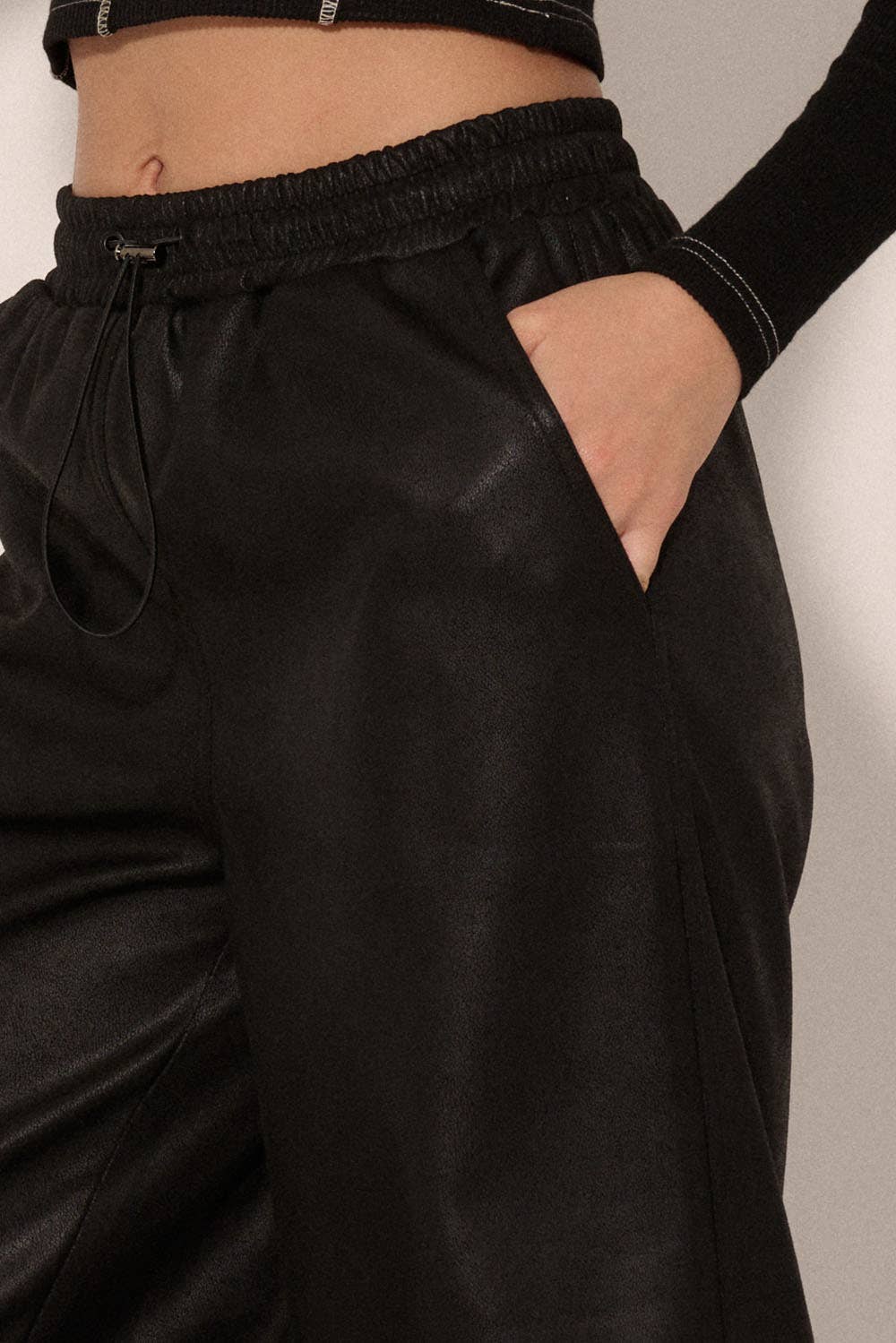 Faux Leather Side Pocket Elastic Waist Pants