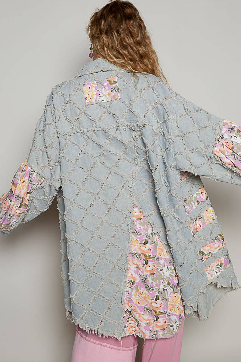 Contrast floral print frayed texture button down shacket
