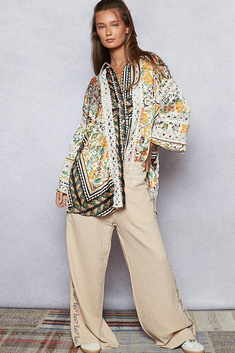Balloon sleeve trim see-through floral printed shirt top