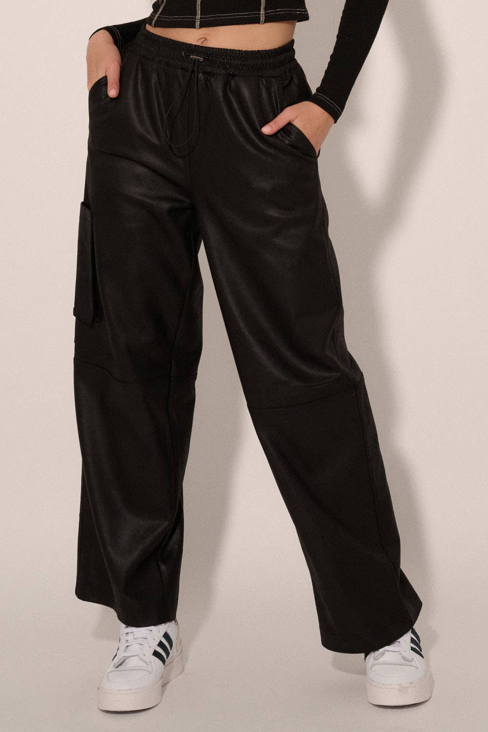 Faux Leather Side Pocket Elastic Waist Pants