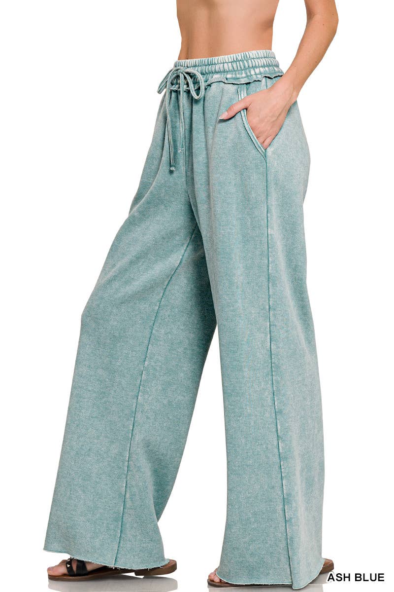 Acid Wash Fleece Palazzo Sweatpants With Pockets