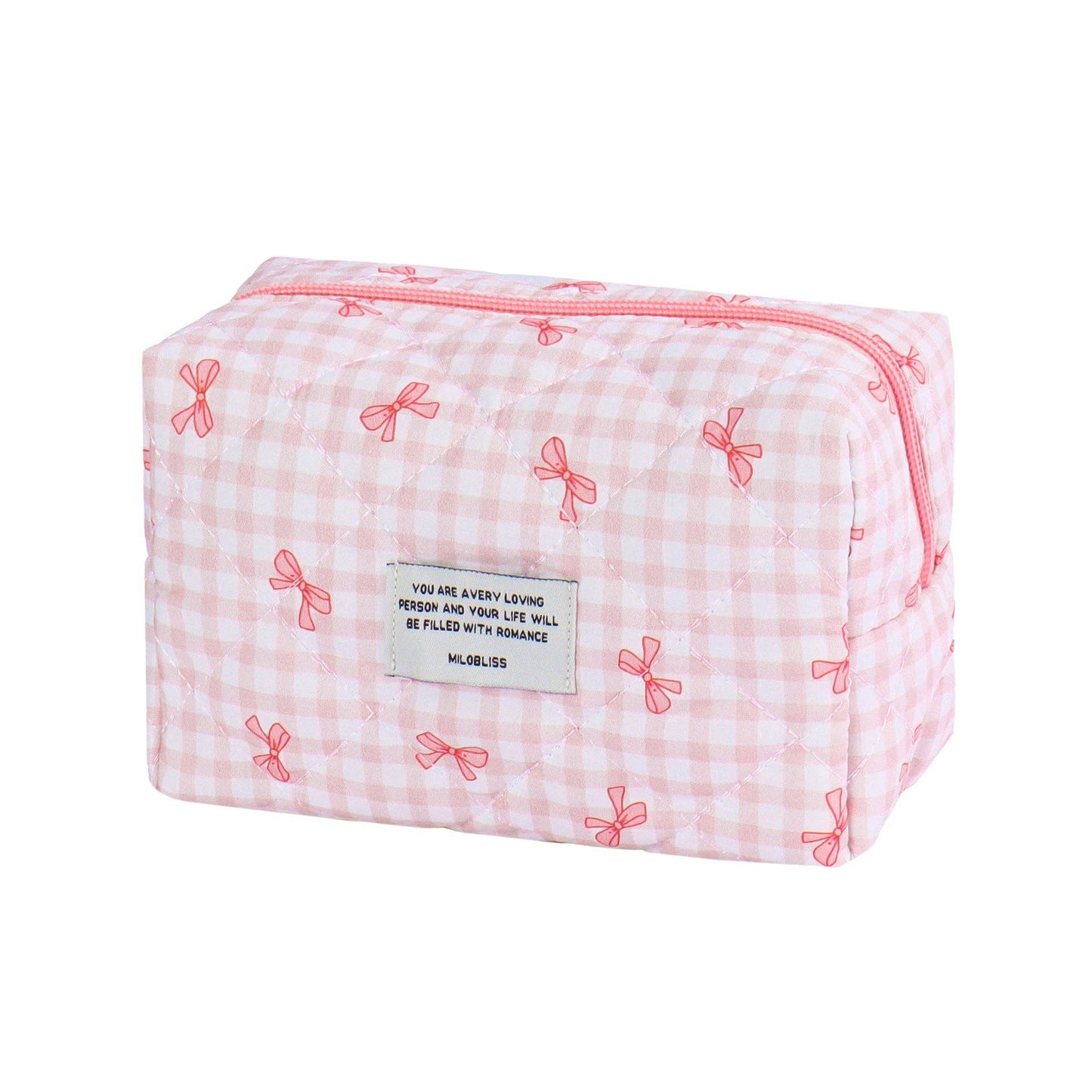 Pink Checkered Bow Travel Makeup Toiletry Bag