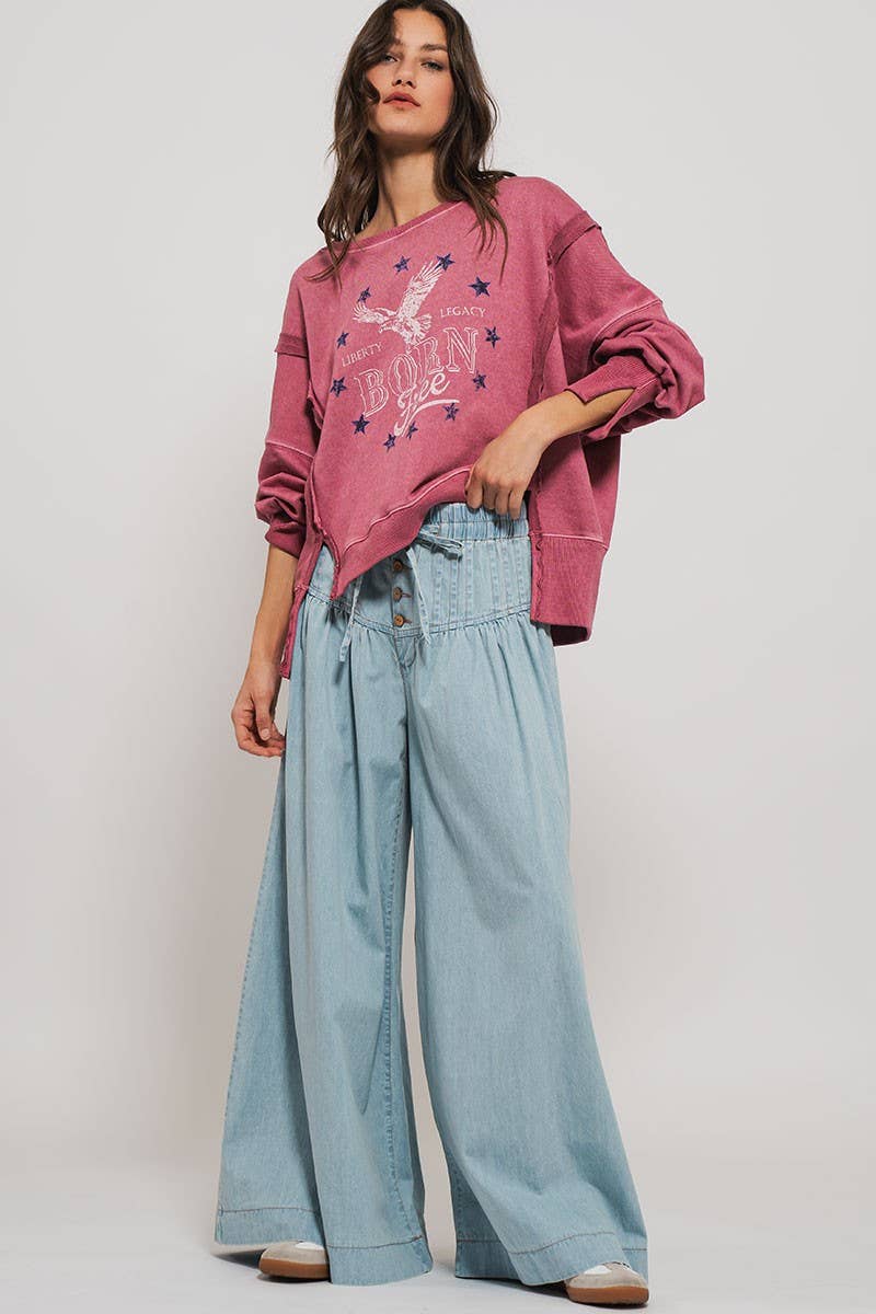 Pleated Wide-Leg Button Closure Pants