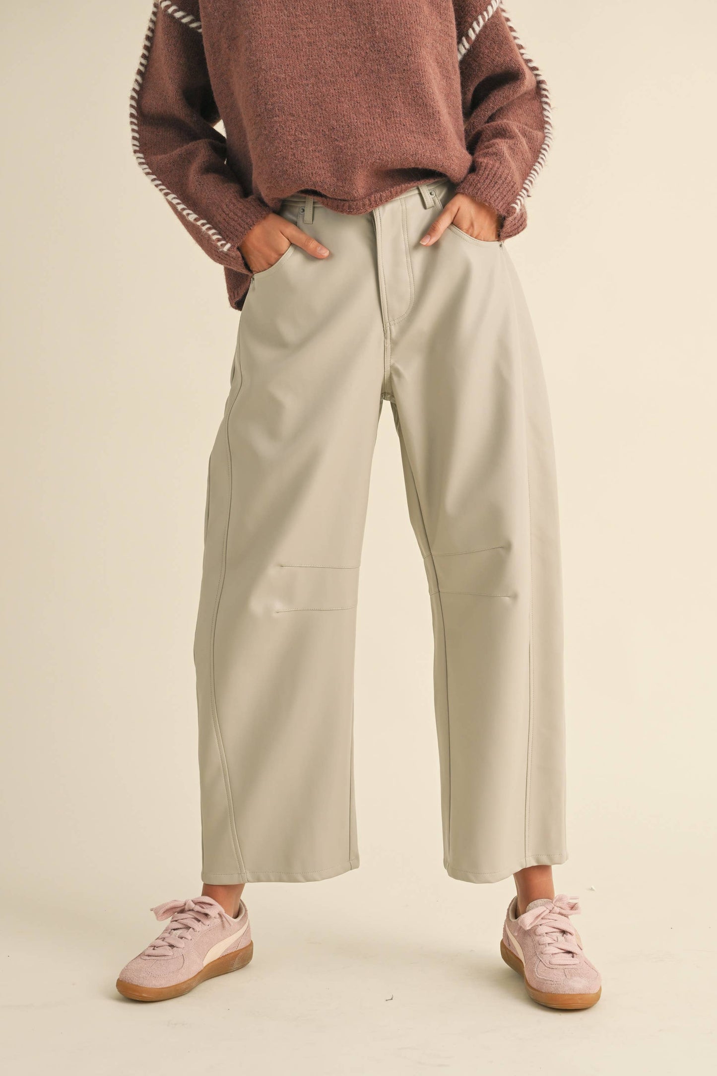 VEGAN LEATHER BARREL PANTS