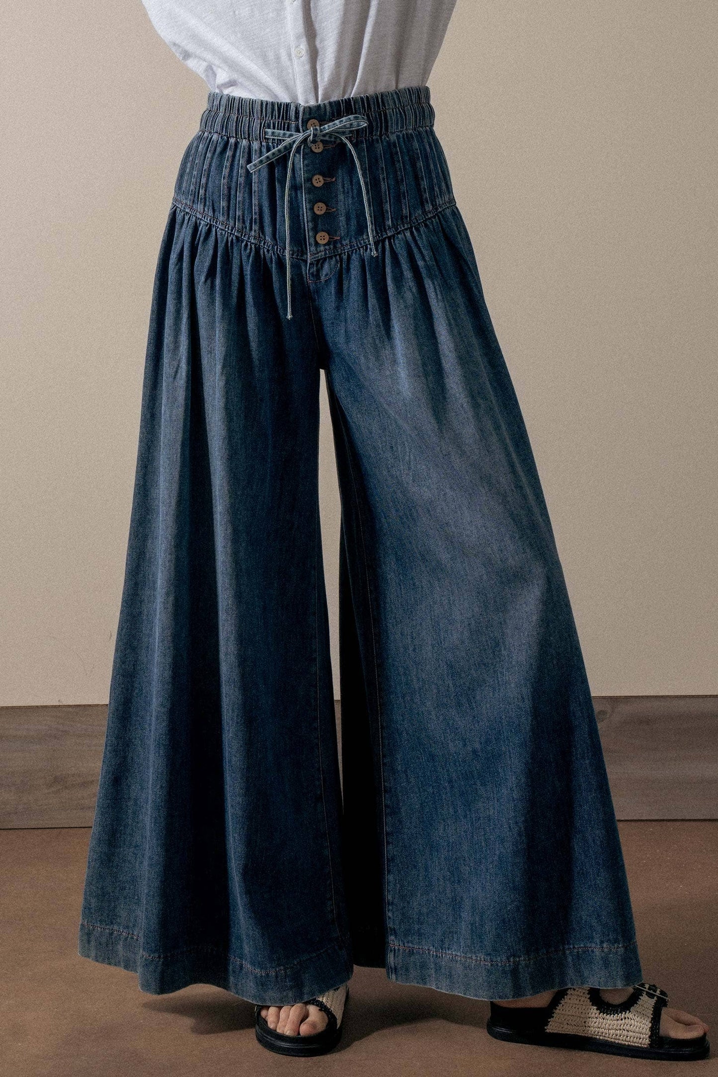 Pleated Wide-Leg Button Closure Pants