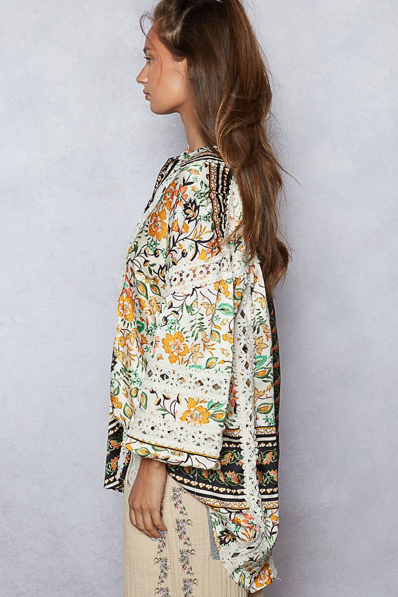 Balloon sleeve trim see-through floral printed shirt top