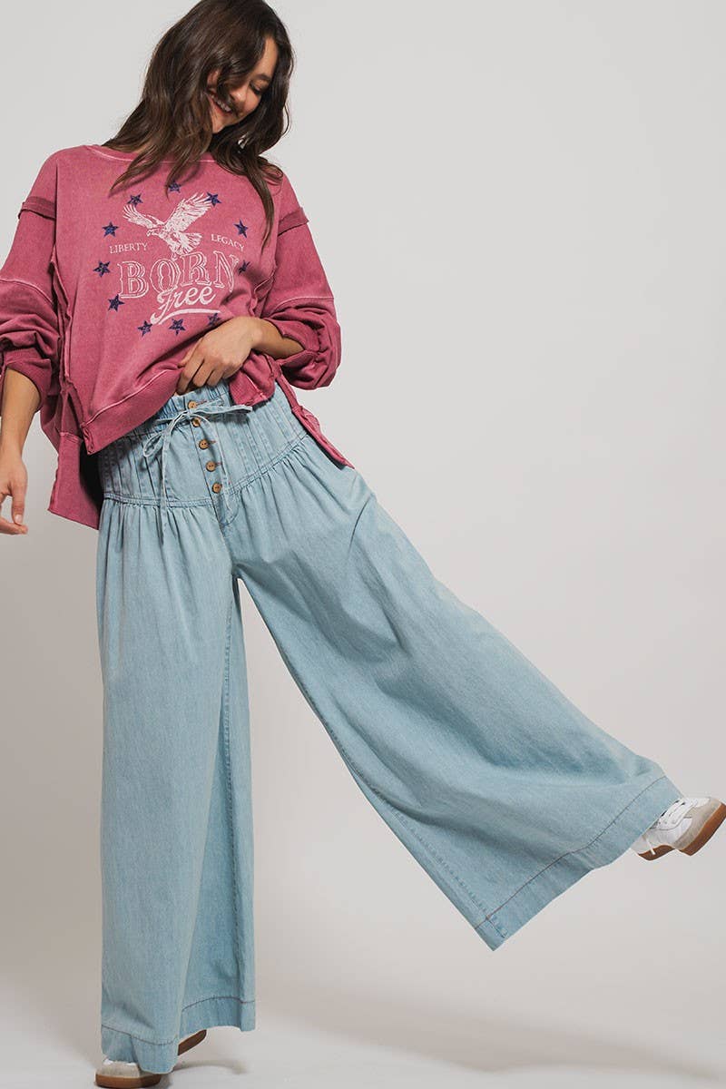 Pleated Wide-Leg Button Closure Pants