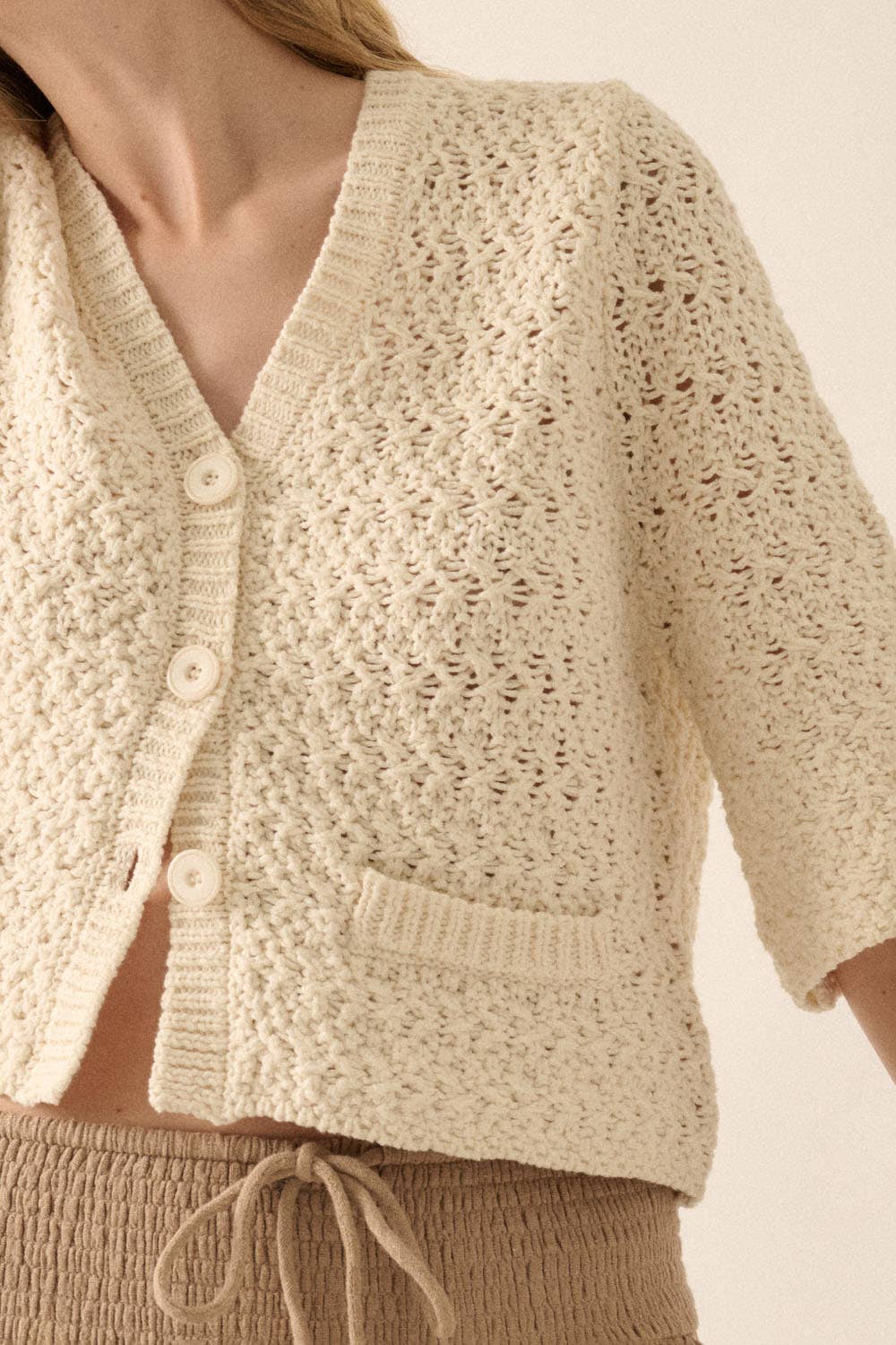Crochet Knit Cropped Short-Sleeve Cardigan