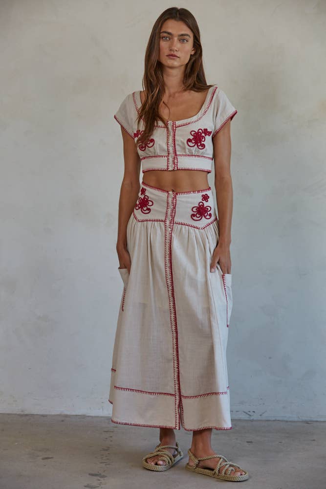 Woven Cotton Embroidered Detail Flare Midi Skirt