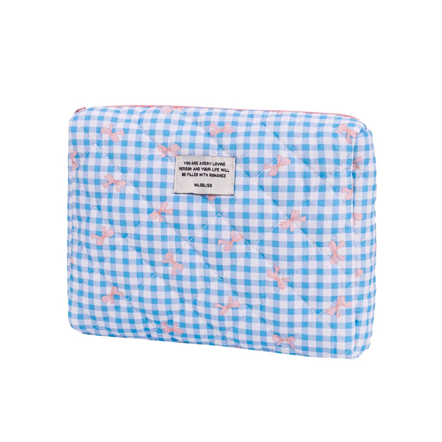 Blue Checkered Bow Cotton Cosmetic Bag Organizer
