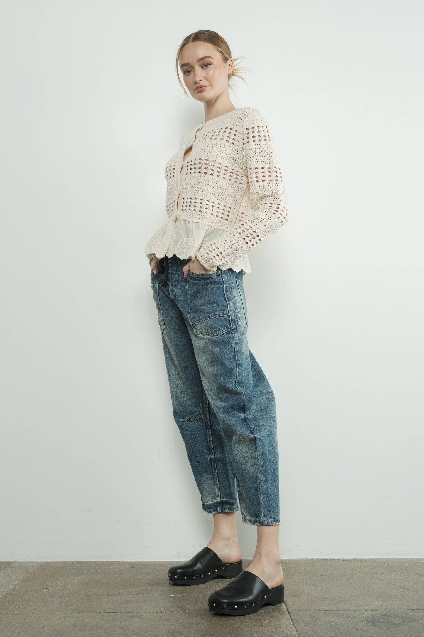BARREL DENIM PANTS WITH EYELET WAIST