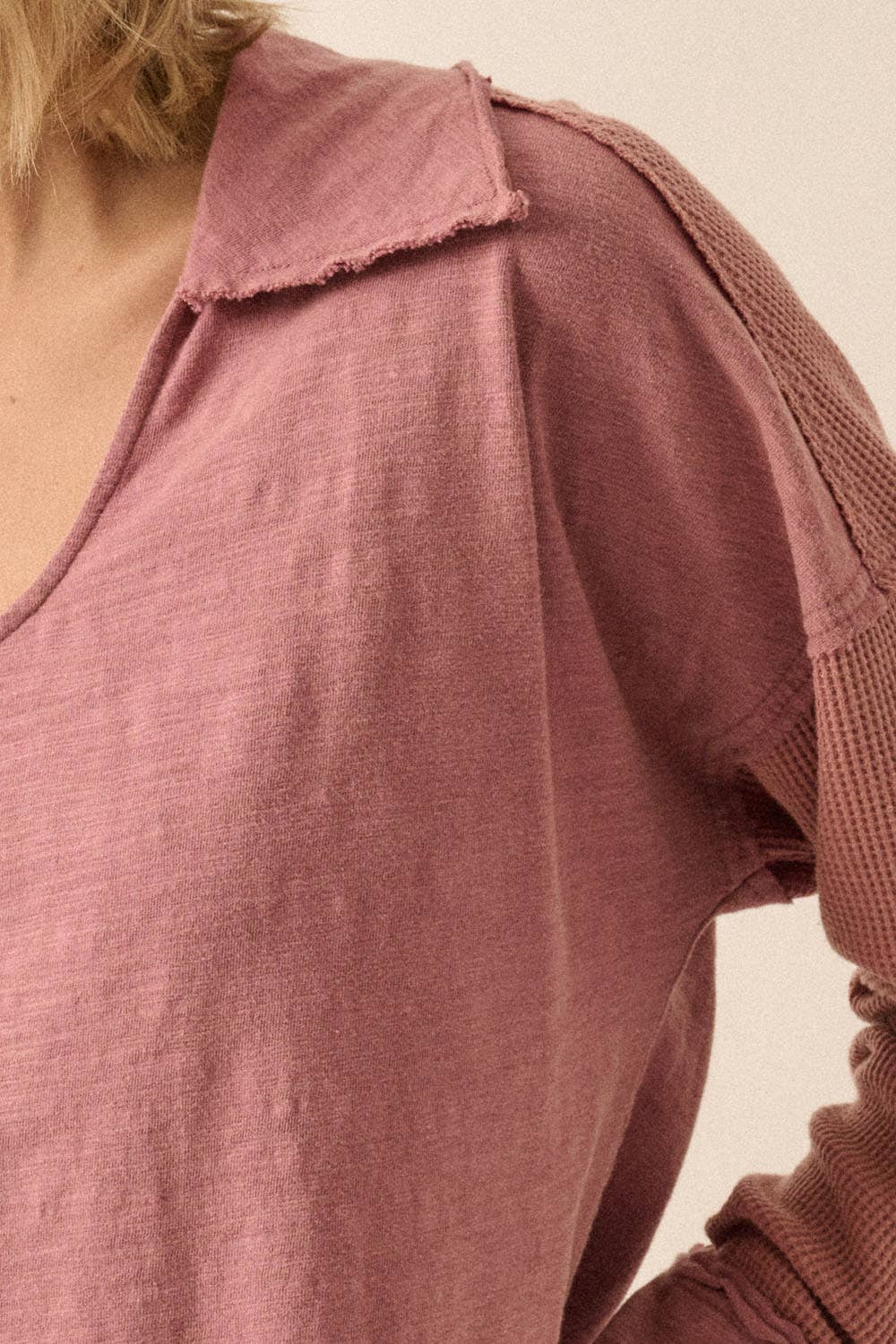 Mixed Media Slub Knit Collared Scoop Neck Top