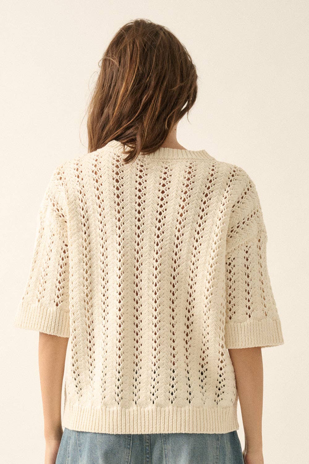 Pointelle Crochet Knit Short-Sleeve Sweater