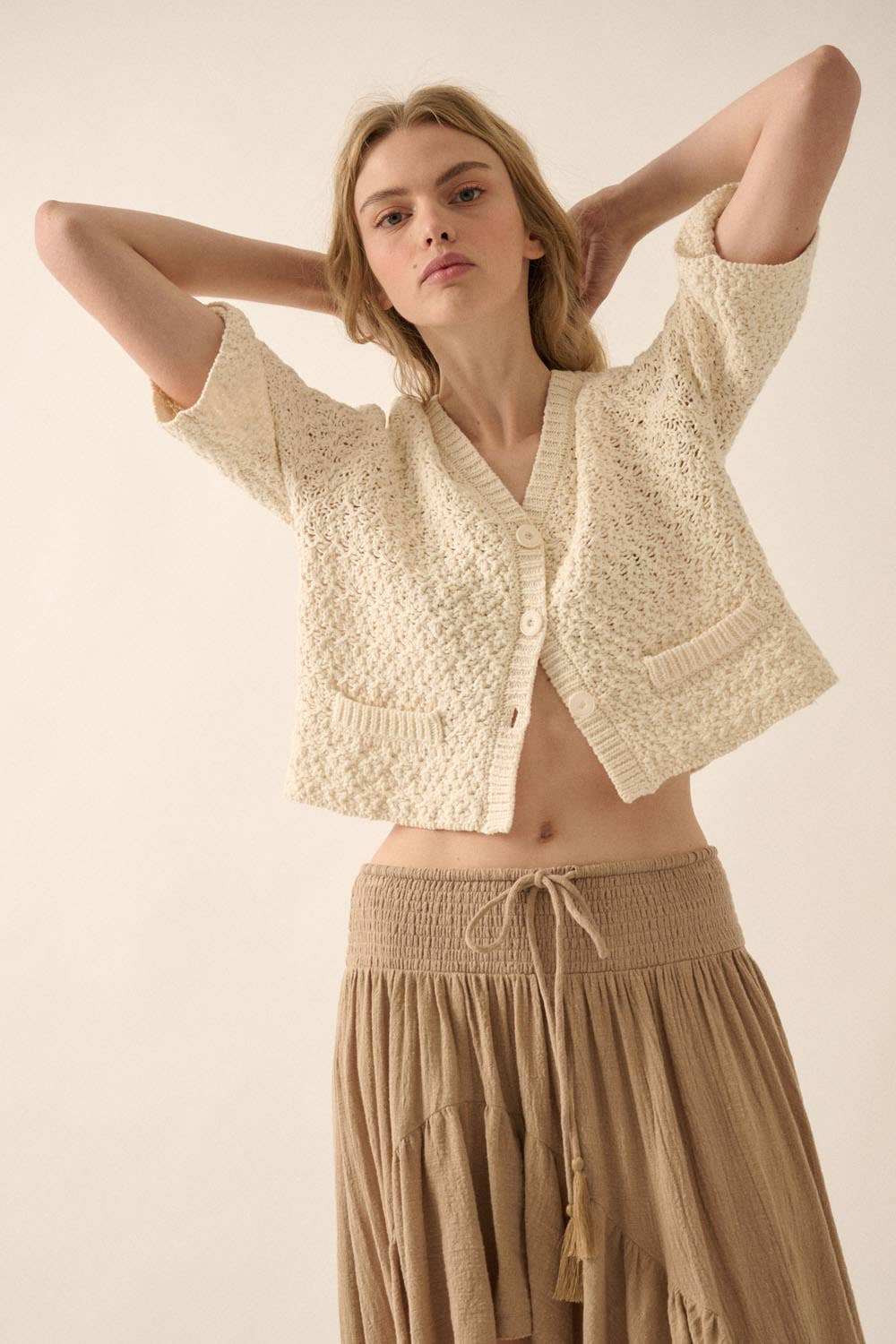 Crochet Knit Cropped Short-Sleeve Cardigan