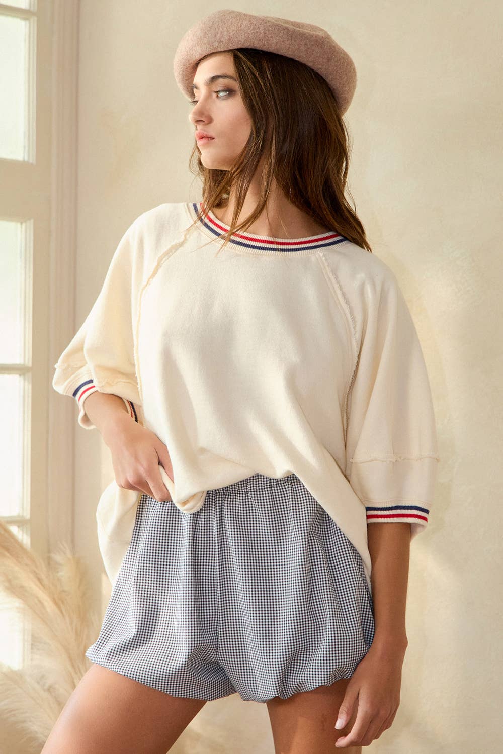 Striped Rib Banded Details Solid Top
