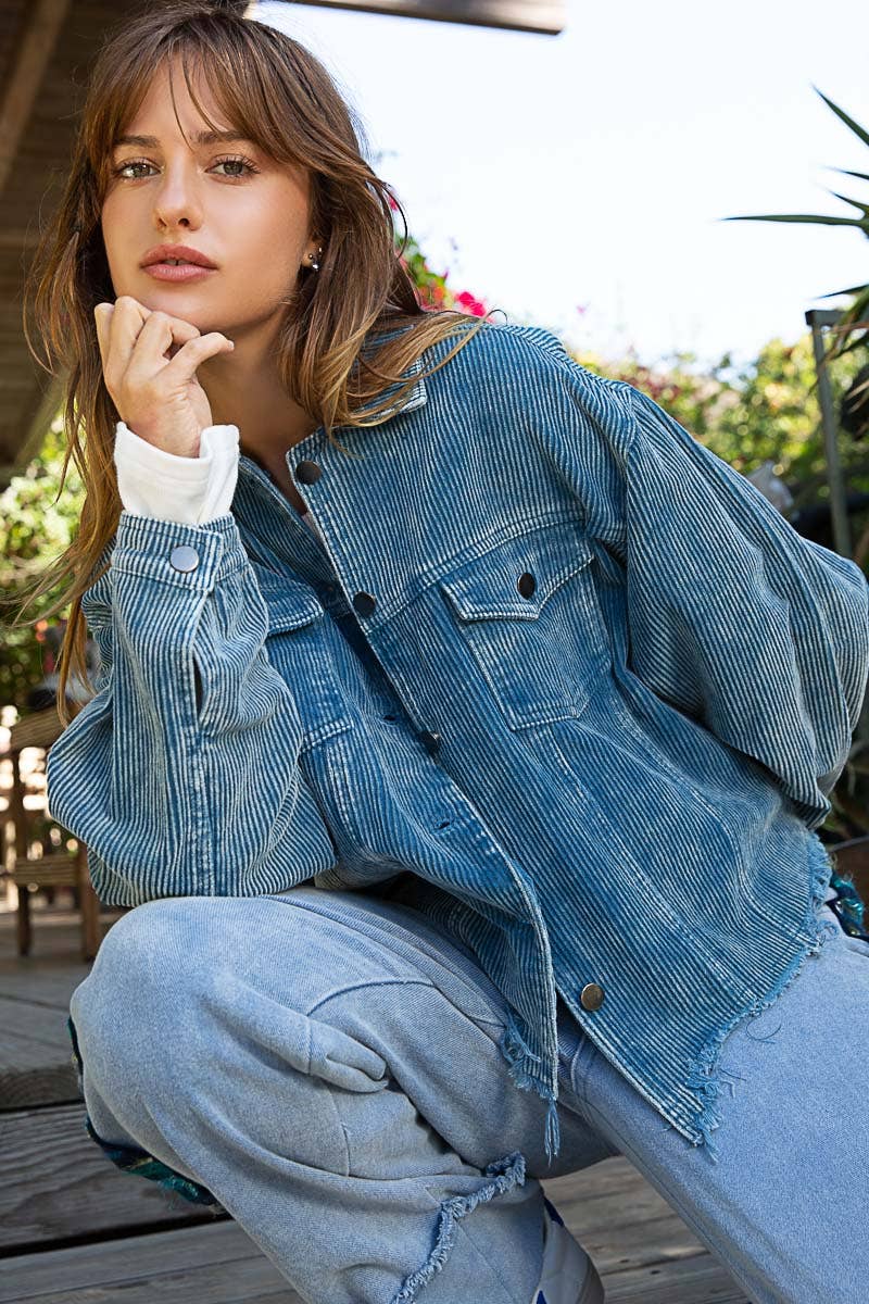 Pocket front button down distressed hem corduroy jacket