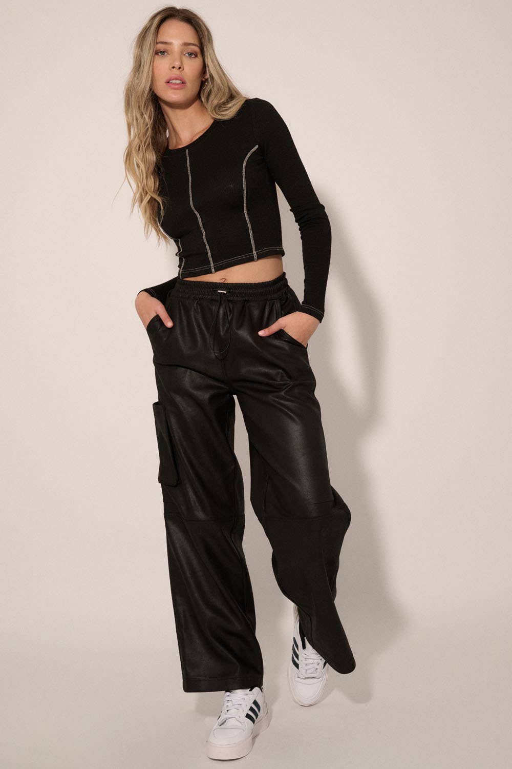 Faux Leather Side Pocket Elastic Waist Pants
