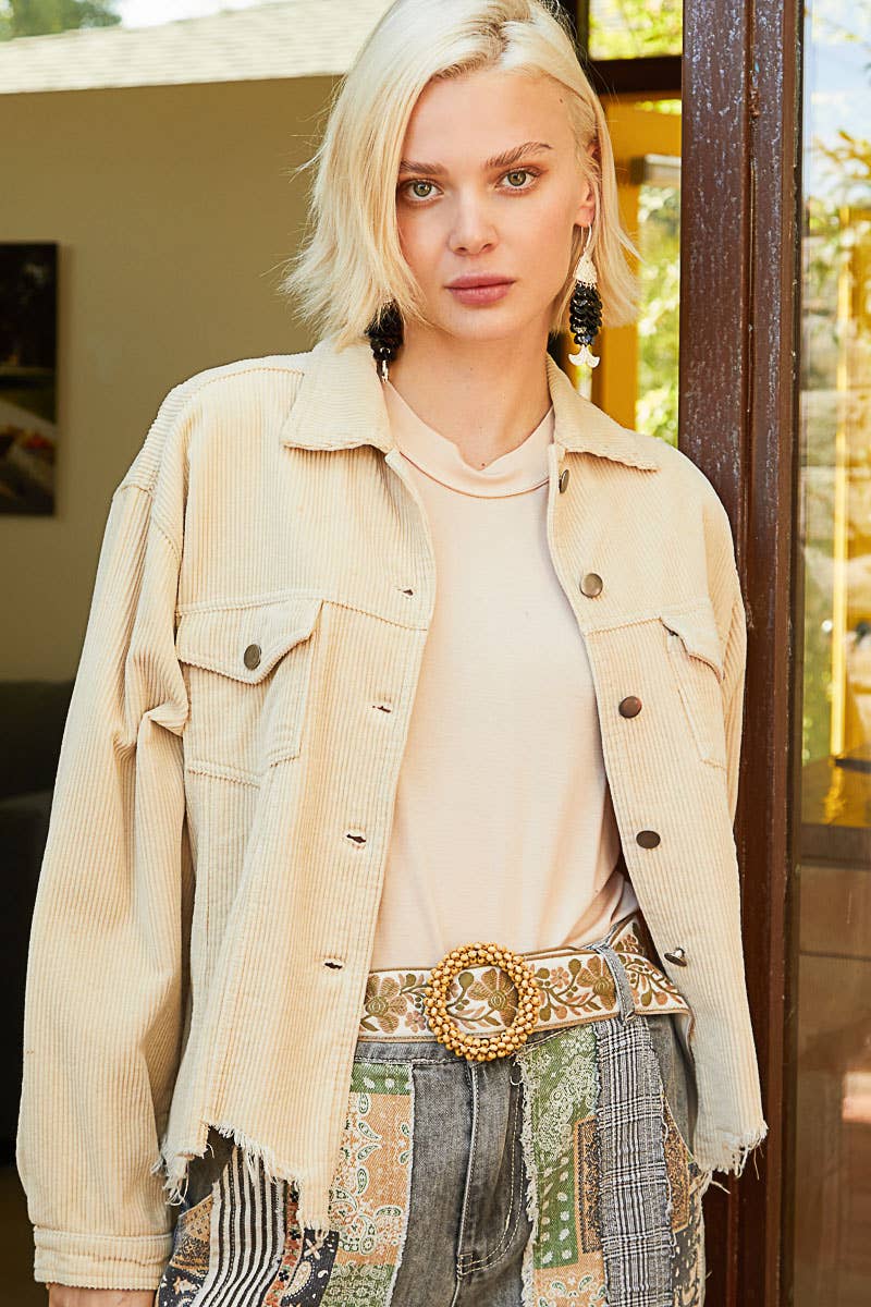 Pocket front button down distressed hem corduroy jacket
