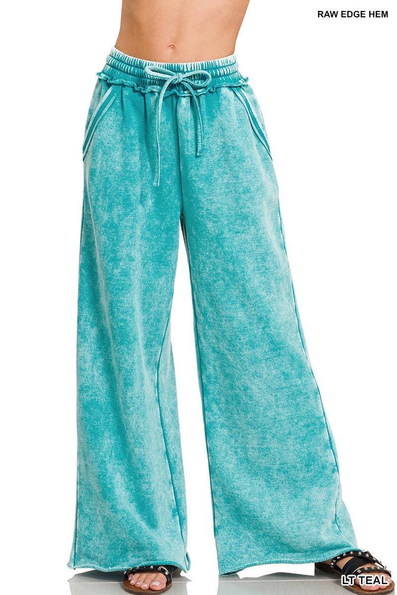 Acid Wash Fleece Palazzo Sweatpants With Pockets