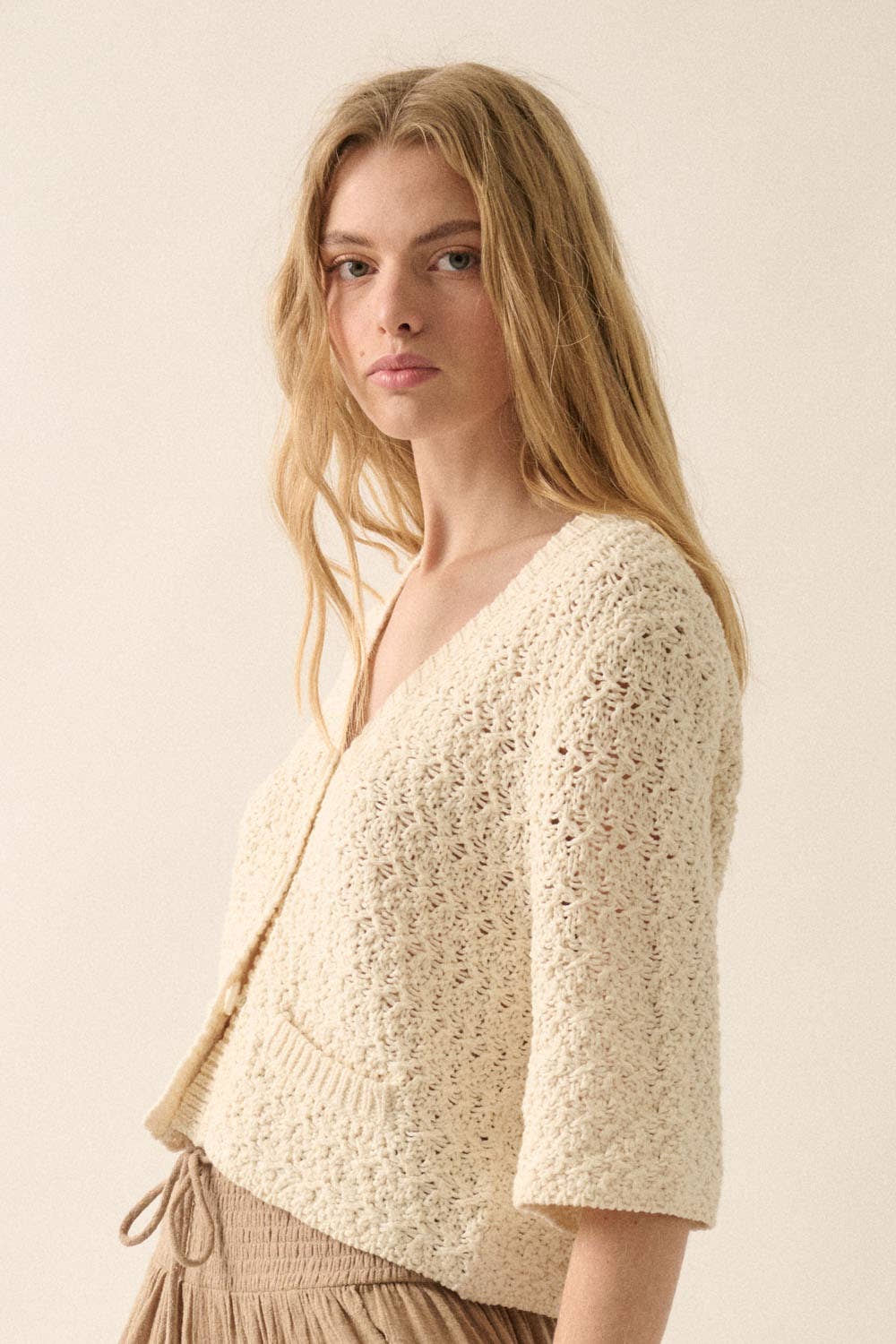 Crochet Knit Cropped Short-Sleeve Cardigan