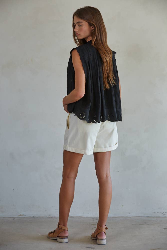 Woven Cotton Eyelet Buttondown Sleeveless Top