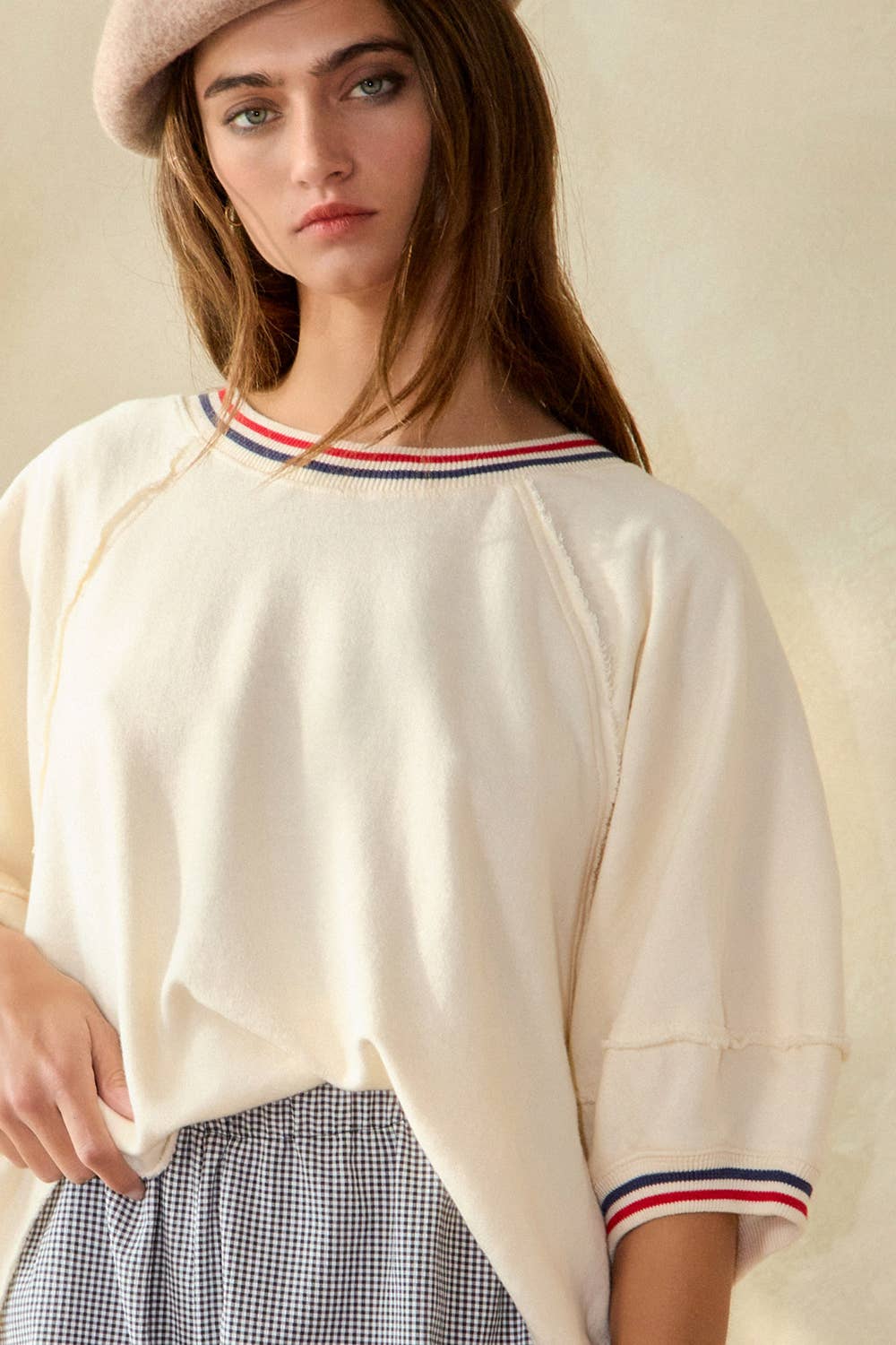 Striped Rib Banded Details Solid Top
