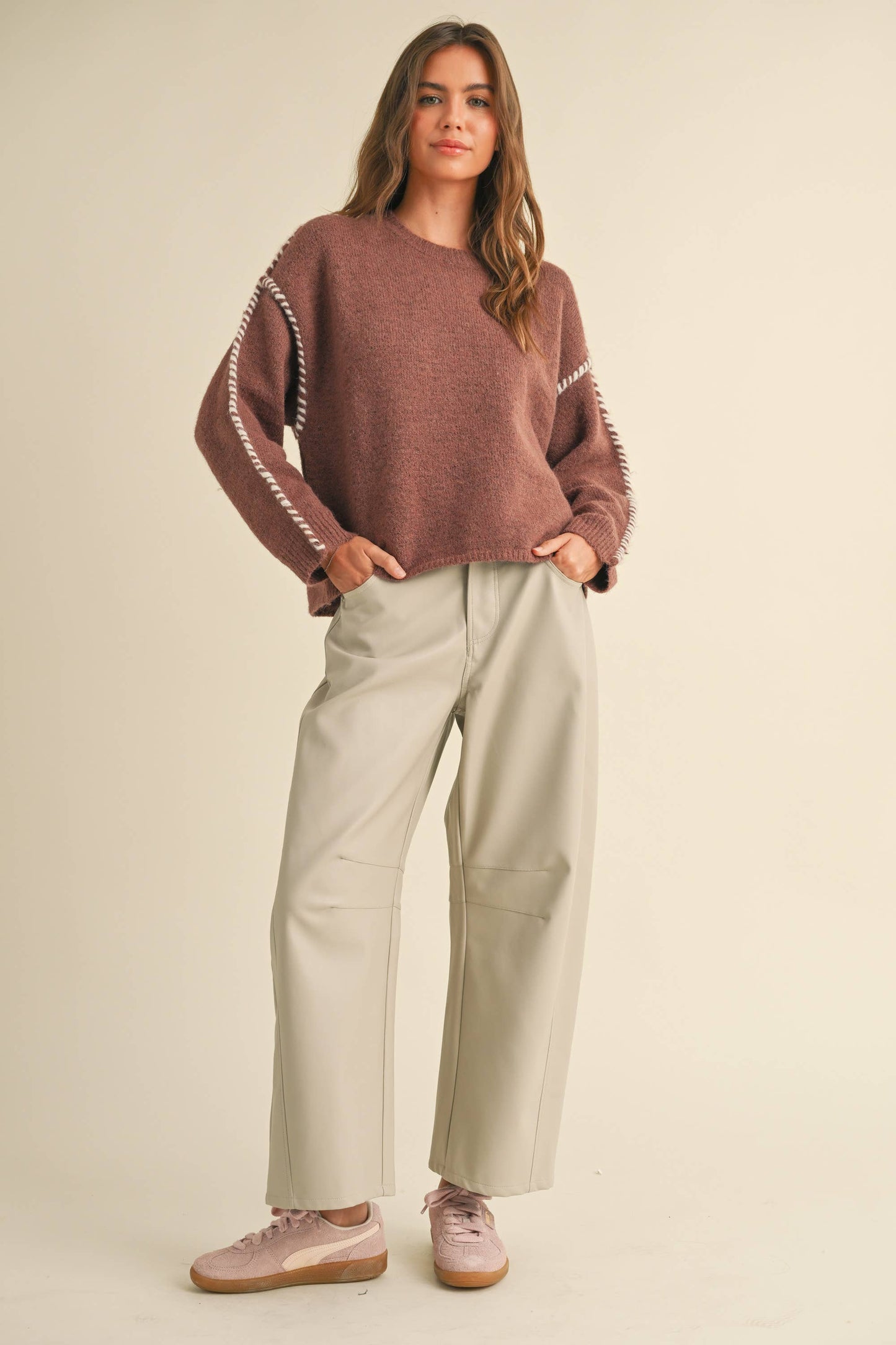 VEGAN LEATHER BARREL PANTS
