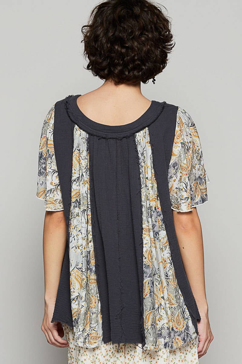 Round neck ruffle short sleeve printed woven top