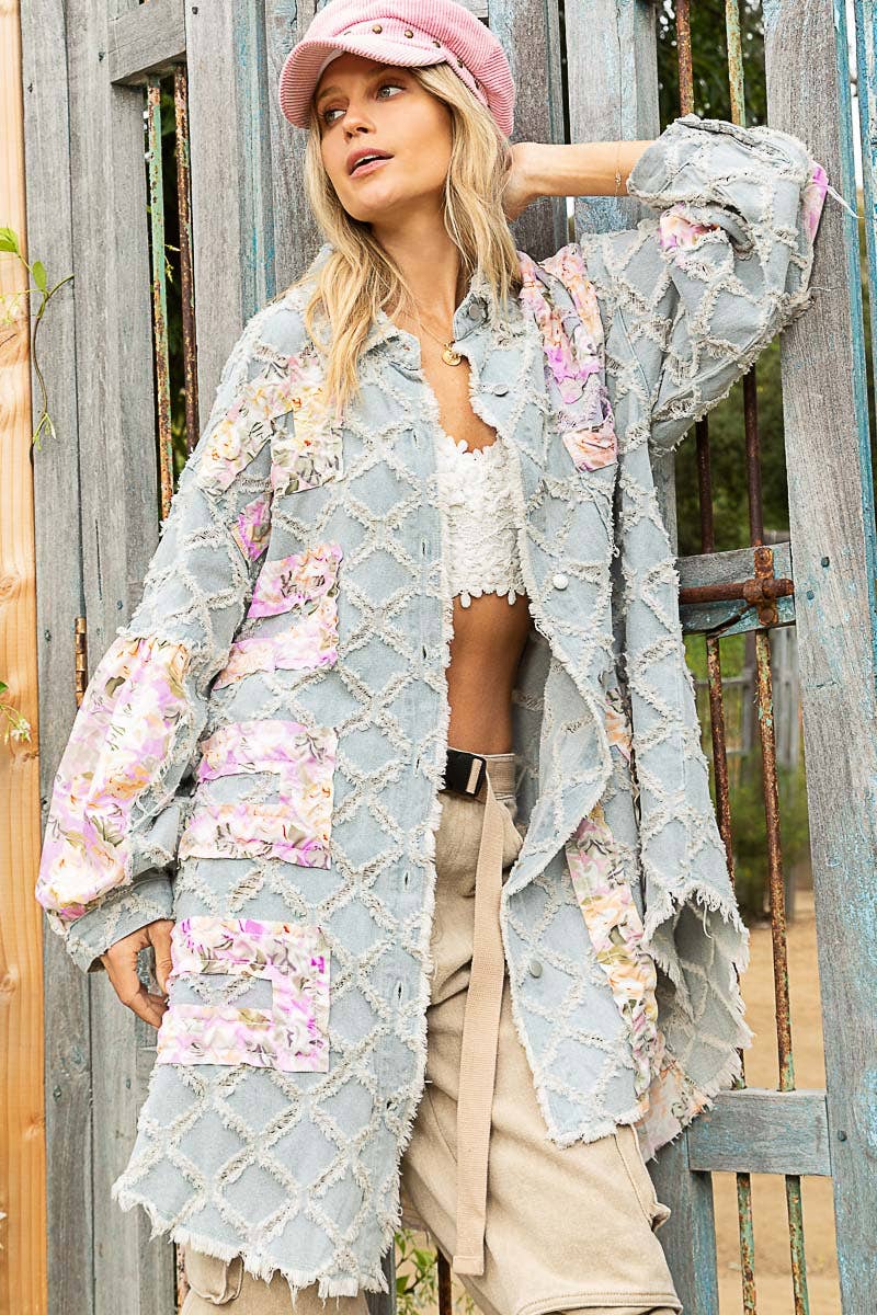Contrast floral print frayed texture button down shacket