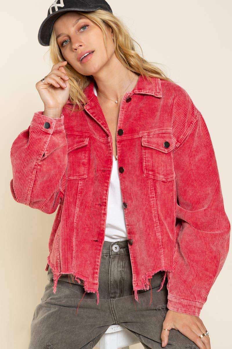 Pocket front button down distressed hem corduroy jacket
