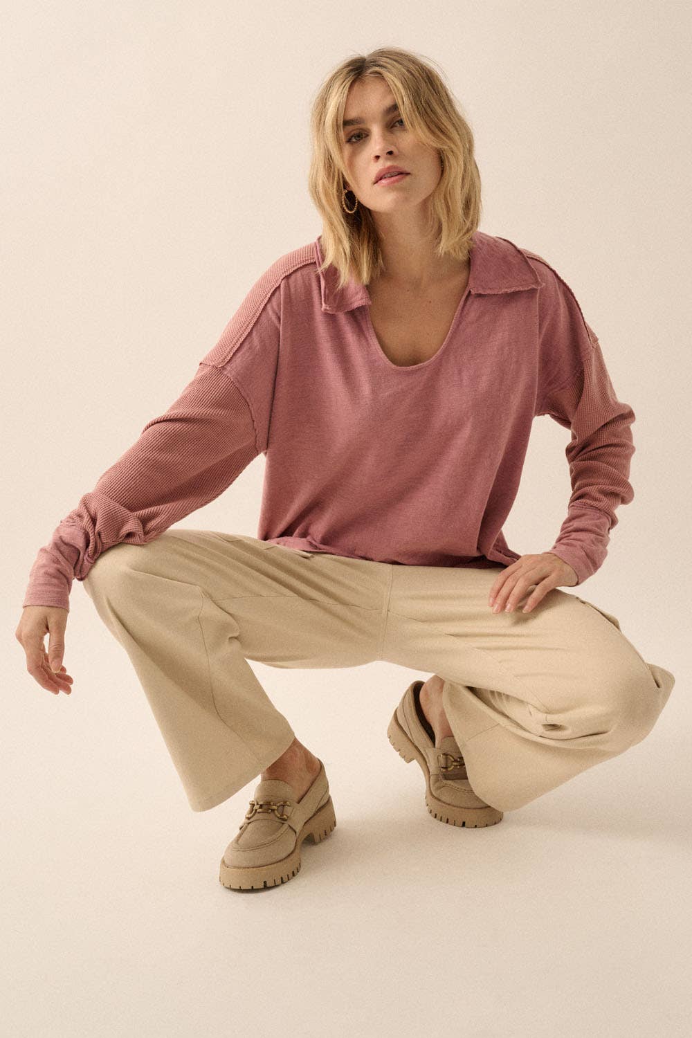 Mixed Media Slub Knit Collared Scoop Neck Top