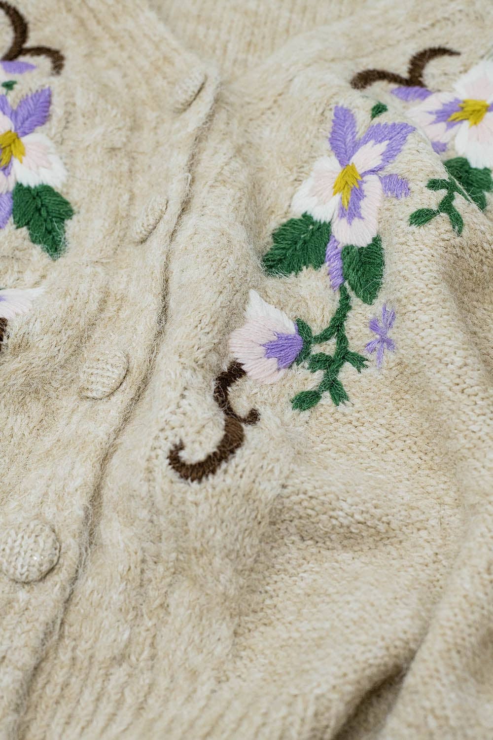 Cable Knit Beige Cardigan With embroidered Flowers