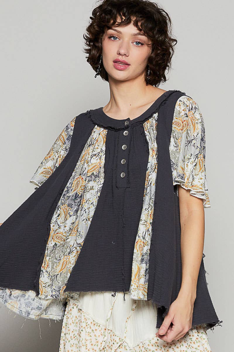 Round neck ruffle short sleeve printed woven top