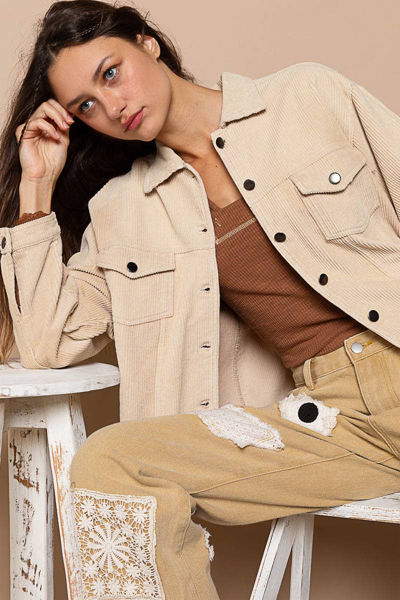 Pocket front button down distressed hem corduroy jacket