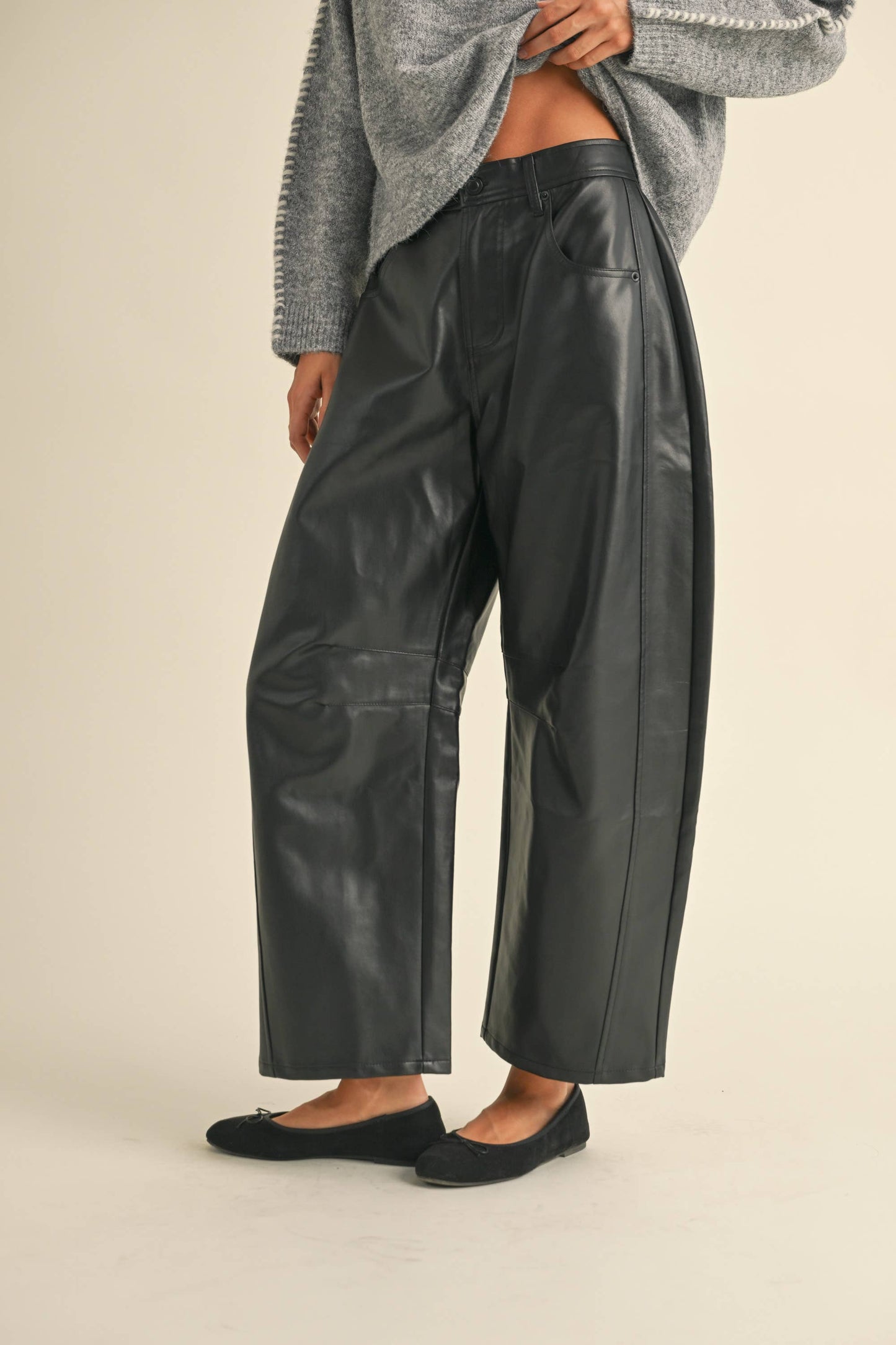 VEGAN LEATHER BARREL PANTS