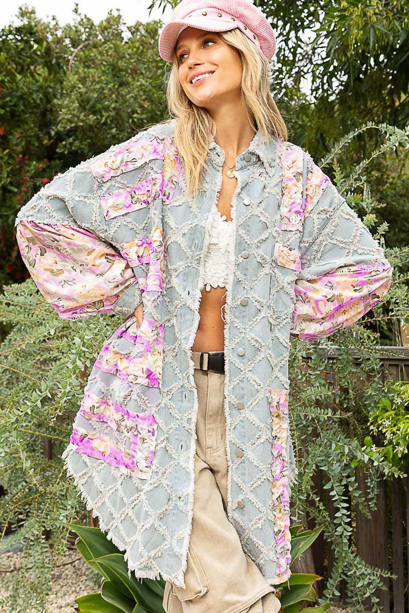 Contrast floral print frayed texture button down shacket