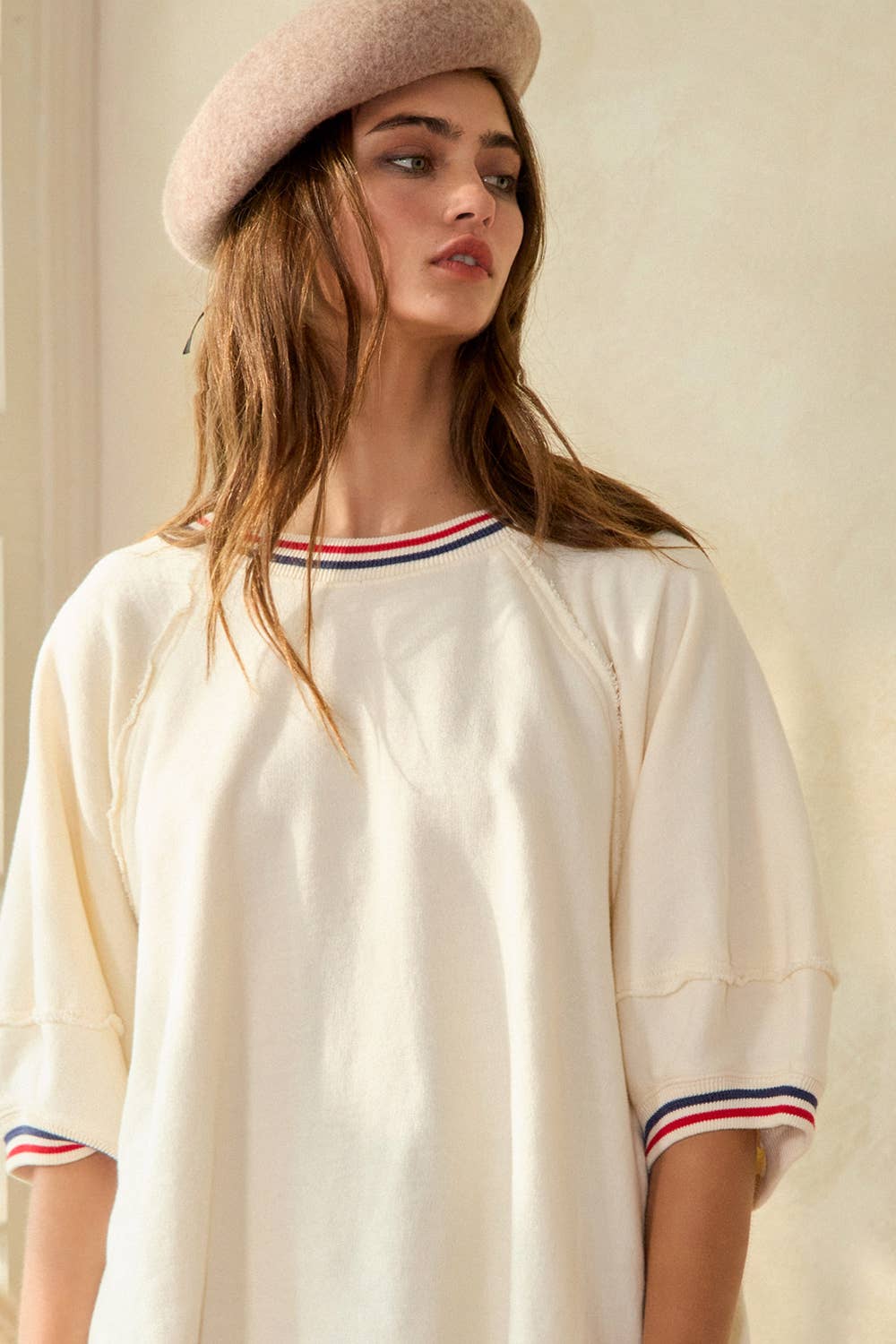 Striped Rib Banded Details Solid Top