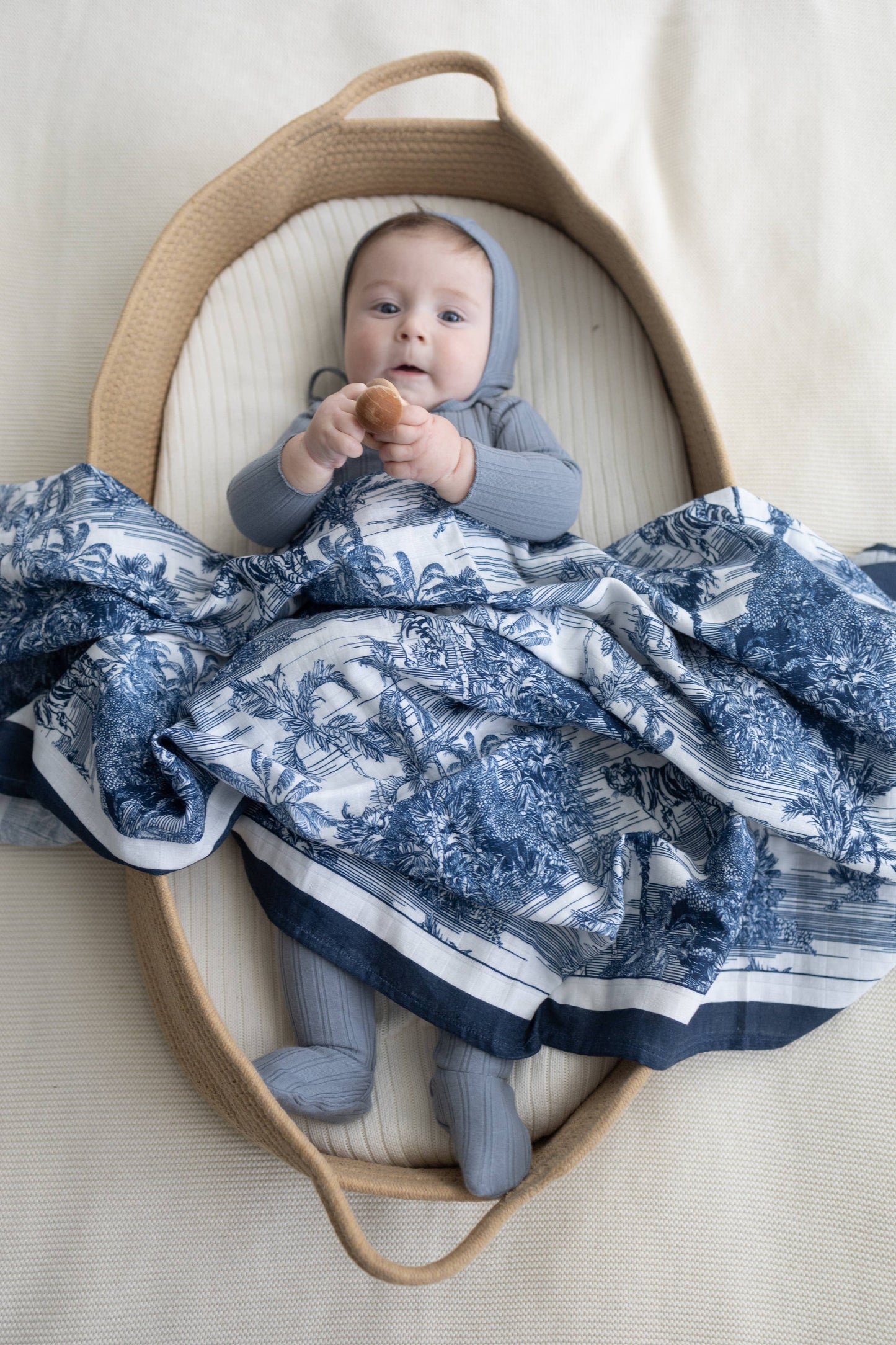 Blue Jungle Toile Muslin Blanket