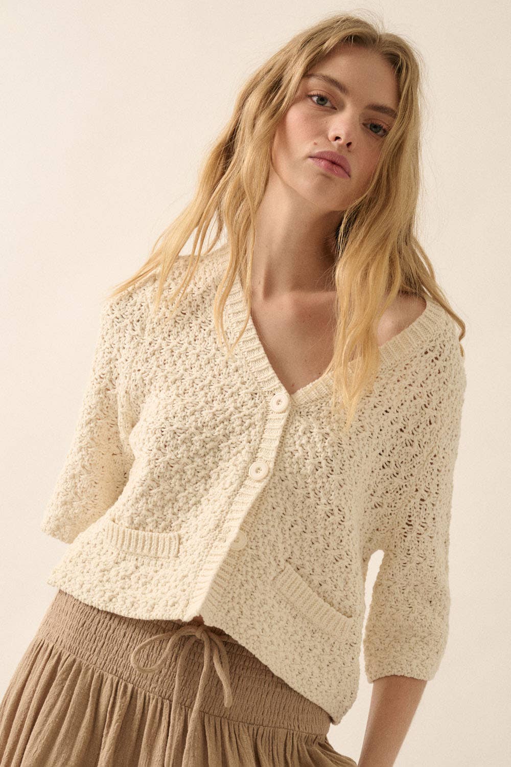 Crochet Knit Cropped Short-Sleeve Cardigan