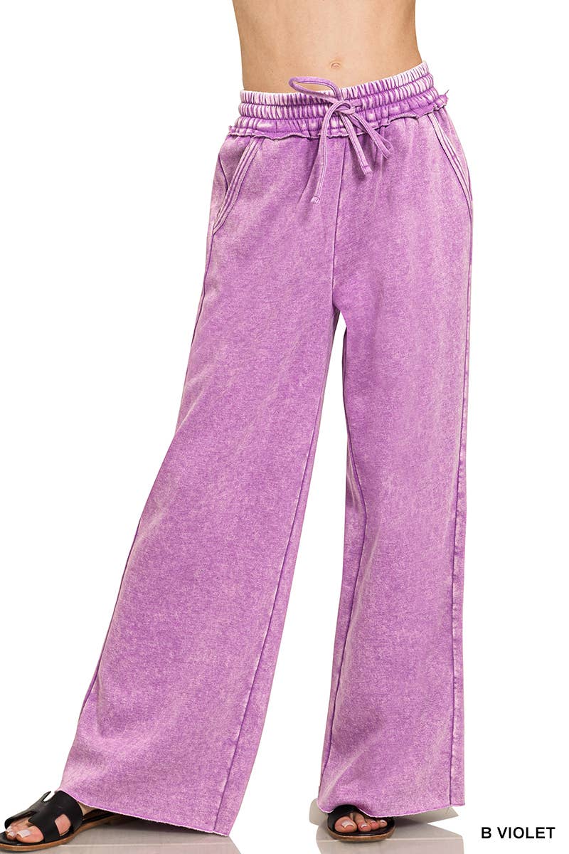 Acid Wash Fleece Palazzo Sweatpants With Pockets
