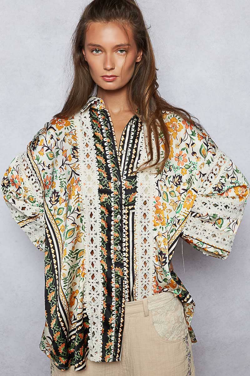 Balloon sleeve trim see-through floral printed shirt top