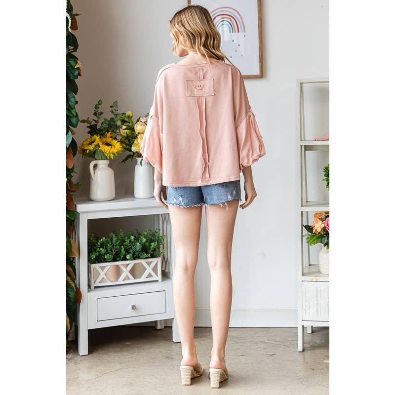 WASHED BUBBLE SHORT SLEEVE KNIT TOP