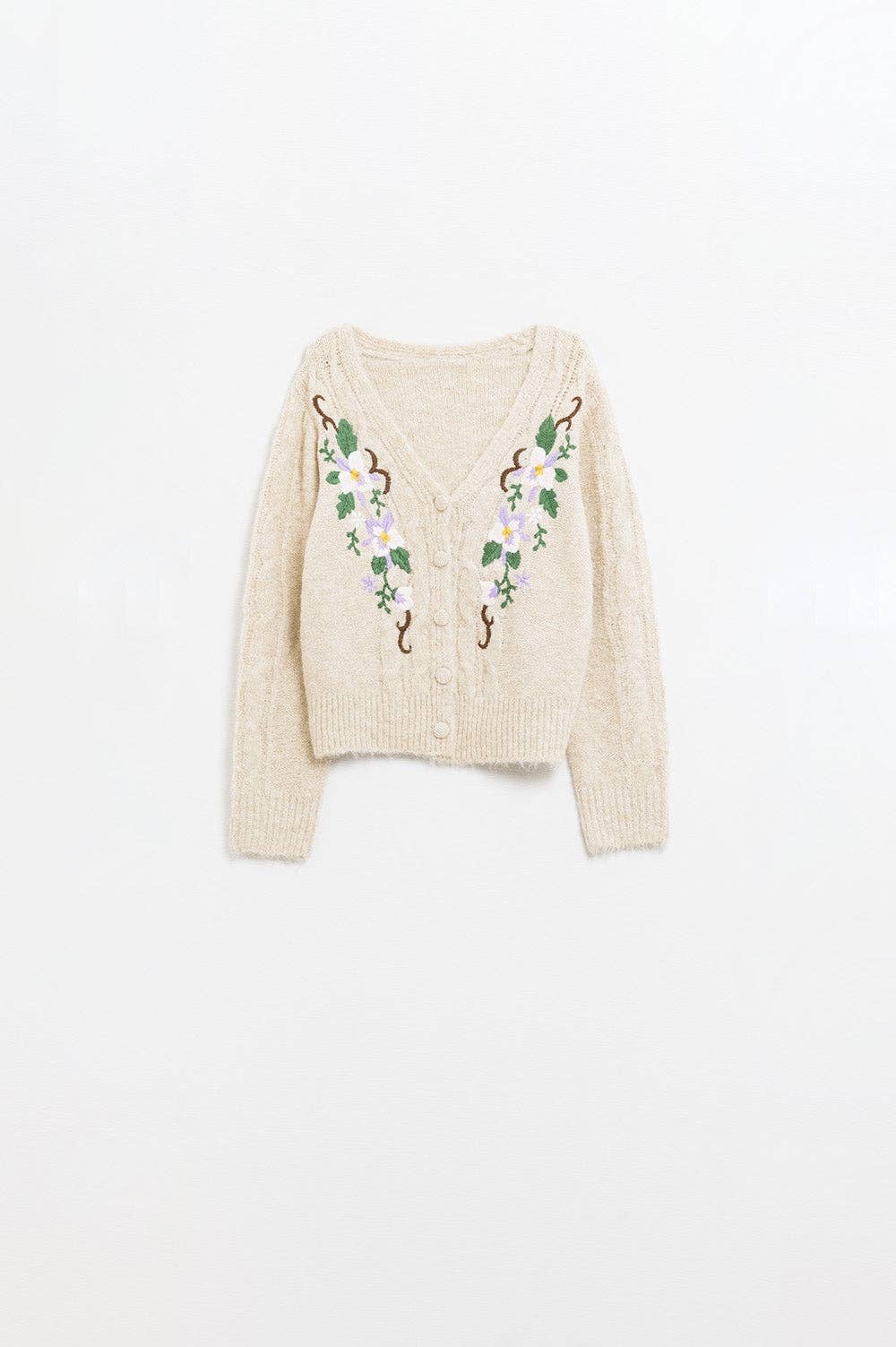 Cable Knit Beige Cardigan With embroidered Flowers