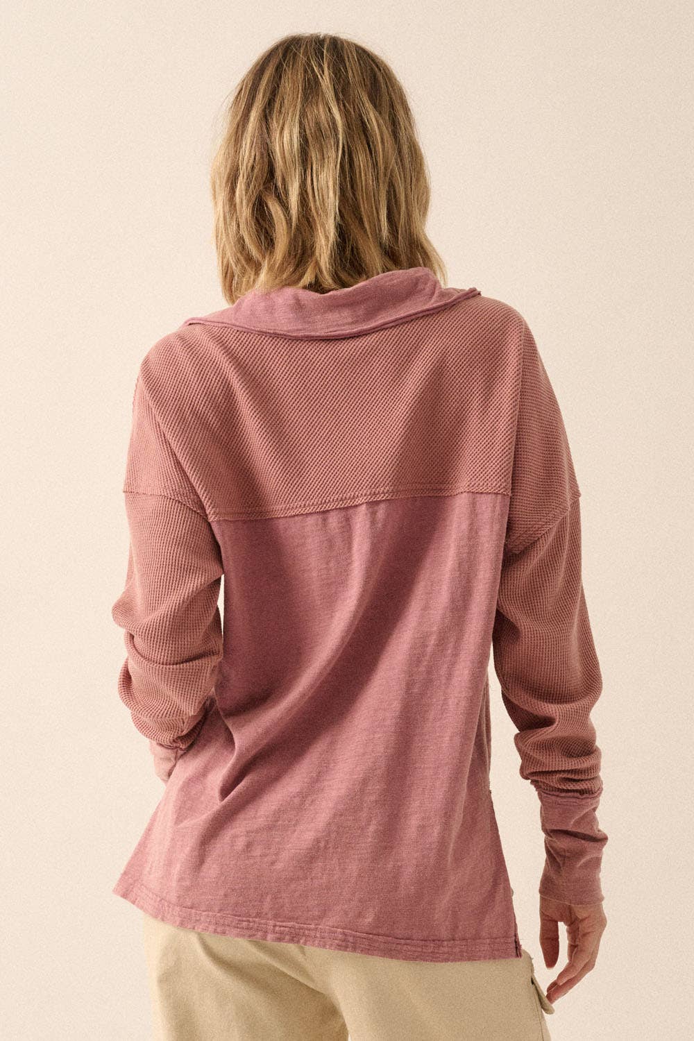Mixed Media Slub Knit Collared Scoop Neck Top