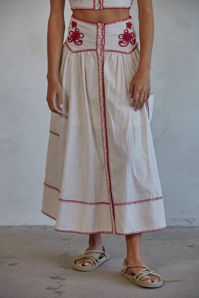 Woven Cotton Embroidered Detail Flare Midi Skirt