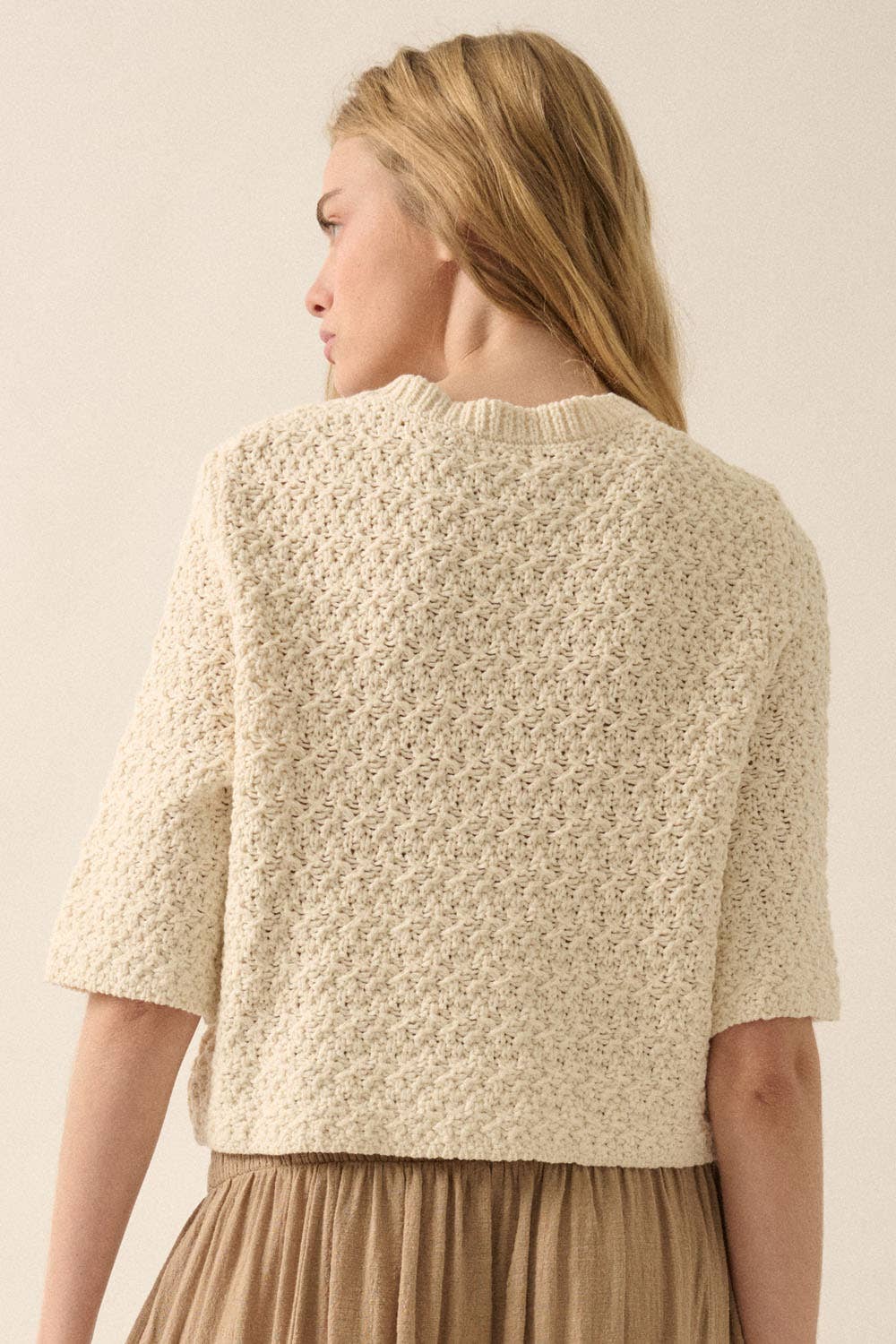 Crochet Knit Cropped Short-Sleeve Cardigan