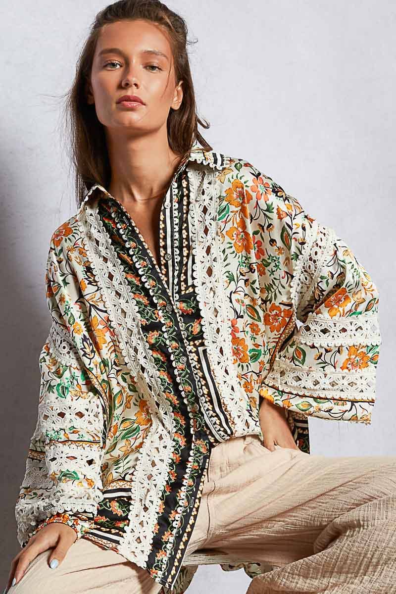 Balloon sleeve trim see-through floral printed shirt top