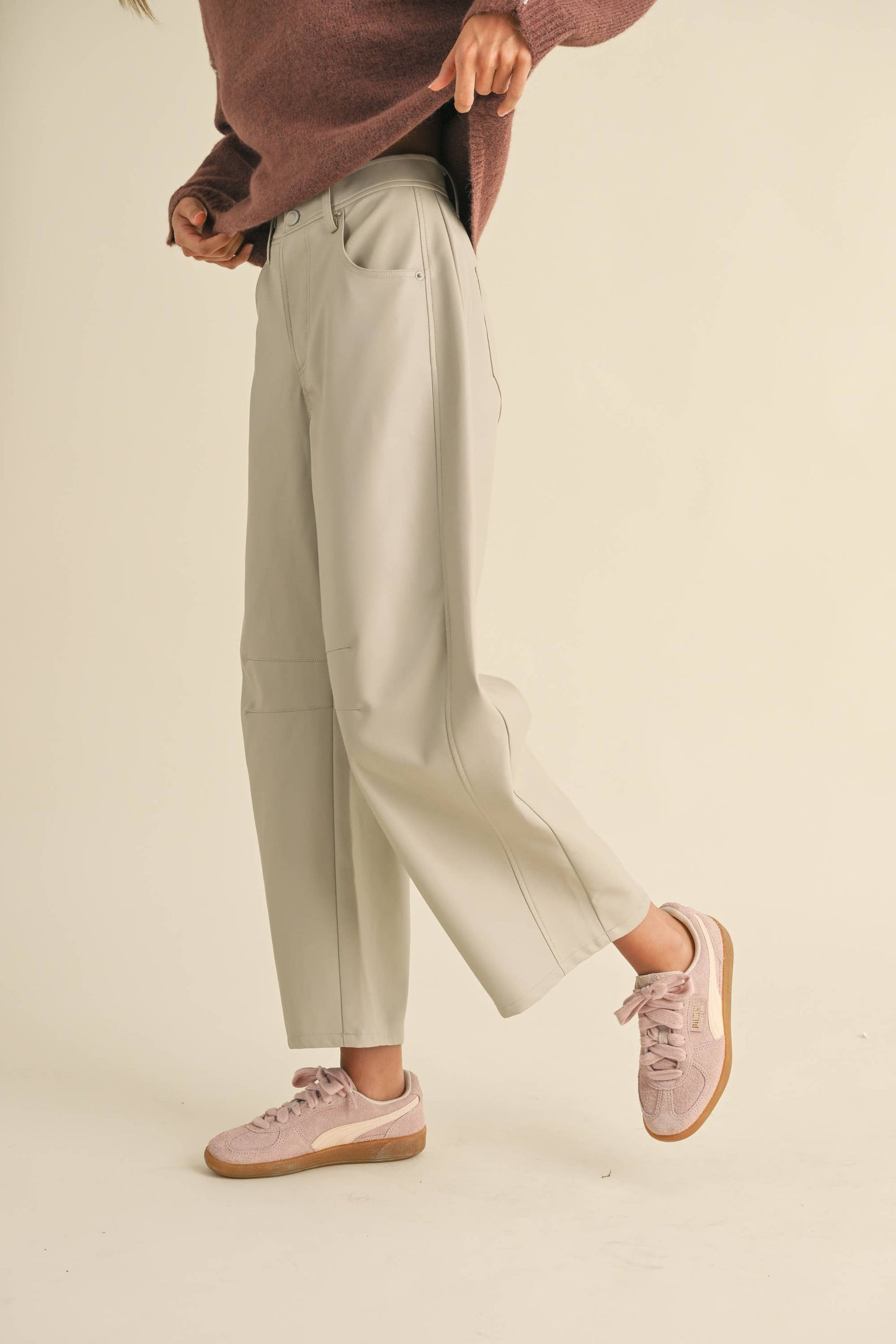 VEGAN LEATHER BARREL PANTS